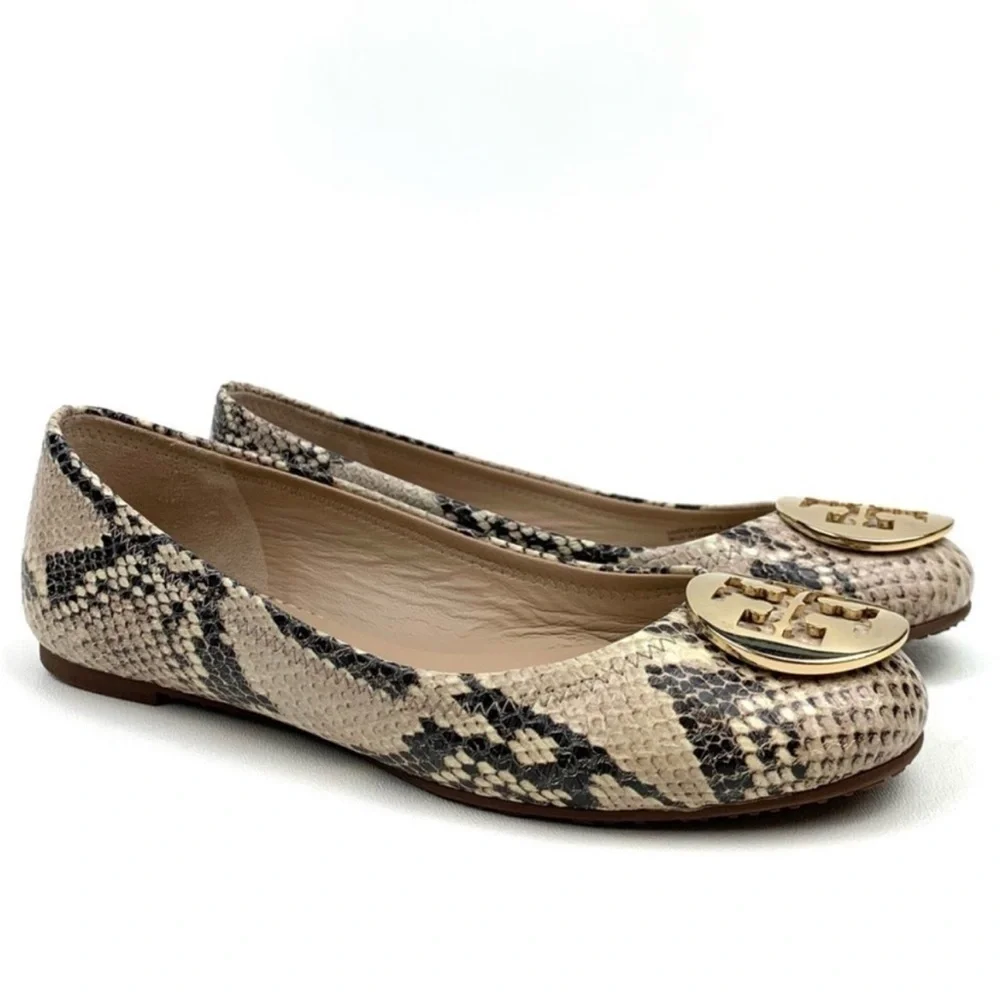 Tory Burch Brown Cream Leather Roccio Python Reva Ballet Flats Goldtone Logo